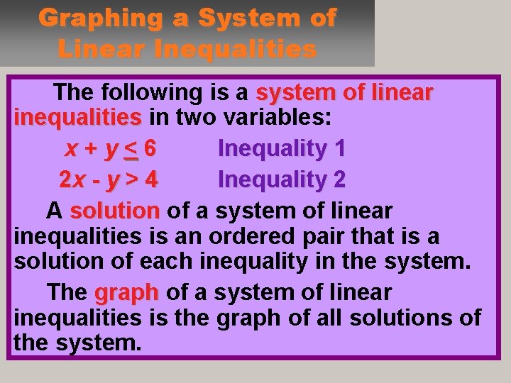 Graphing a System of Linear Inequalities The following is a system of linear inequalities