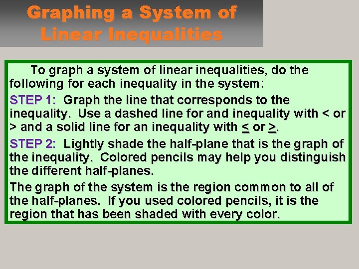Graphing a System of Linear Inequalities To graph a system of linear inequalities, do