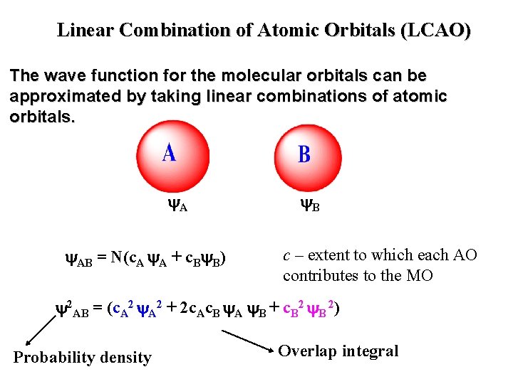 Linear Combination of Atomic Orbitals (LCAO) The wave function for the molecular orbitals can