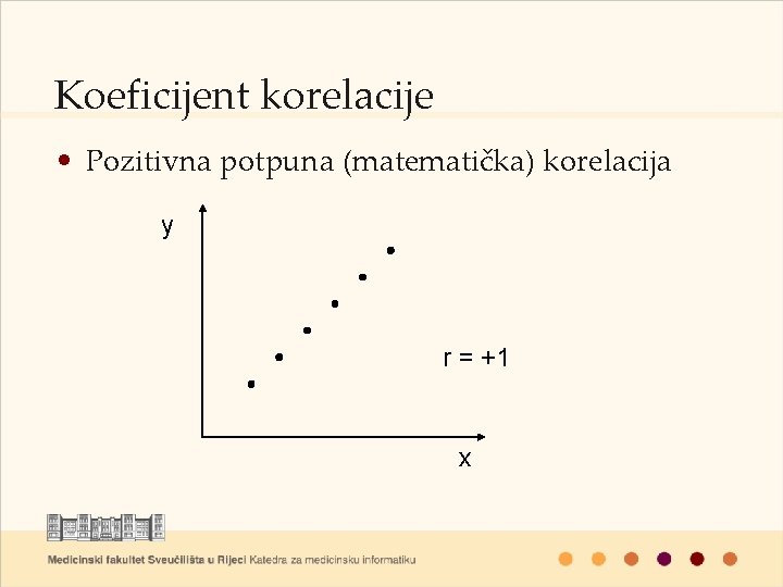 Koeficijent korelacije • Pozitivna potpuna (matematička) korelacija y r = +1 x 