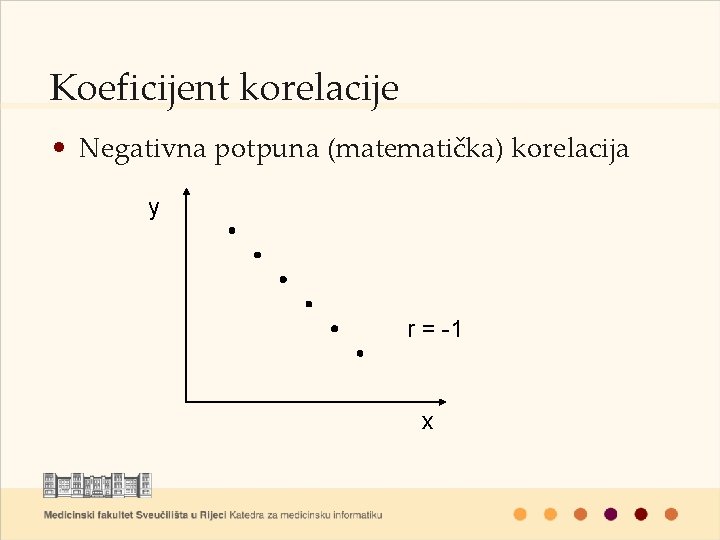 Koeficijent korelacije • Negativna potpuna (matematička) korelacija y r = -1 x 