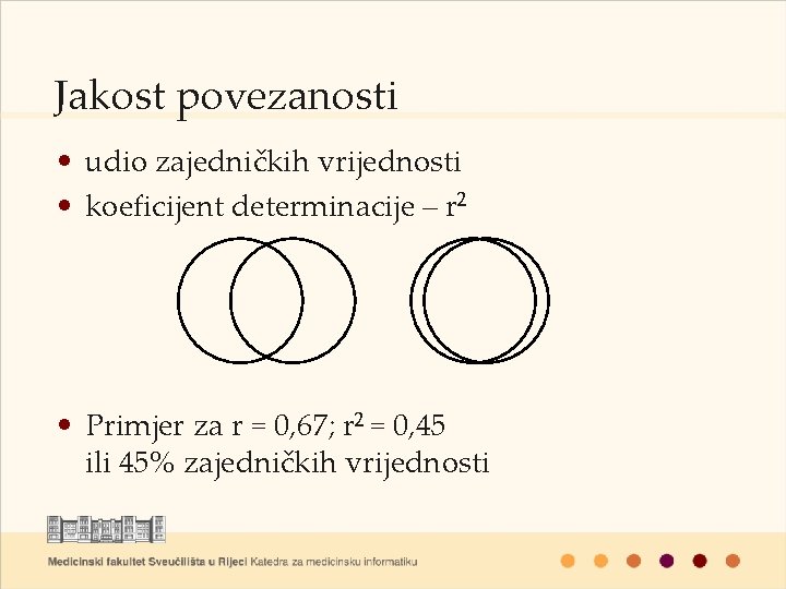 Jakost povezanosti • udio zajedničkih vrijednosti • koeficijent determinacije – r 2 • Primjer