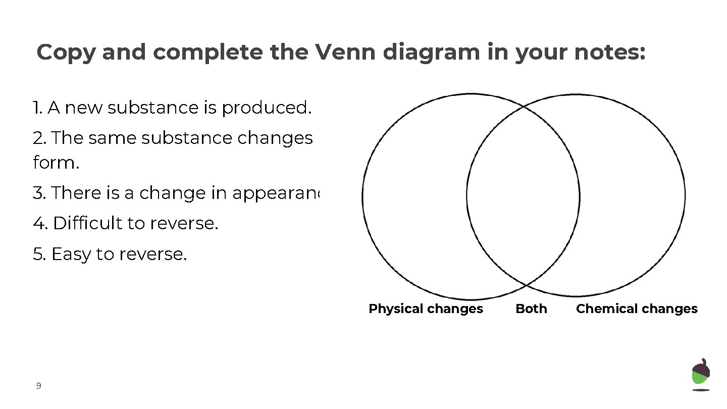 Copy and complete the Venn diagram in your notes: 1. A new substance is