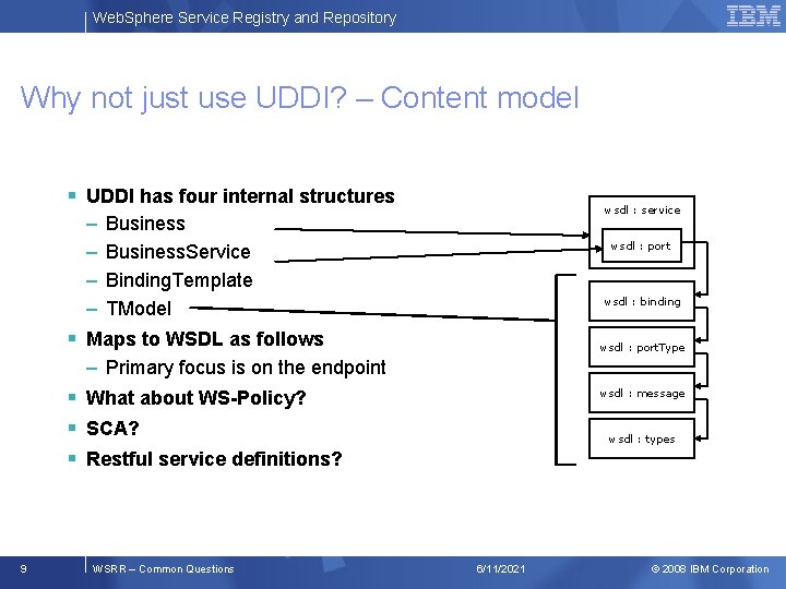 Web. Sphere Service Registry and Repository Why not just use UDDI? – Content model