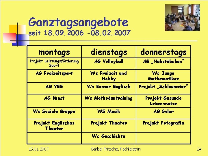 Ganztagsangebote seit 18. 09. 2006 -08. 02. 2007 montags dienstags donnerstags Projekt Leistungsförderung Sport