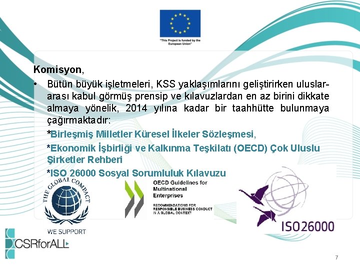Komisyon, • Bütün büyük işletmeleri, KSS yaklaşımlarını geliştirirken uluslararası kabul görmüş prensip ve kılavuzlardan