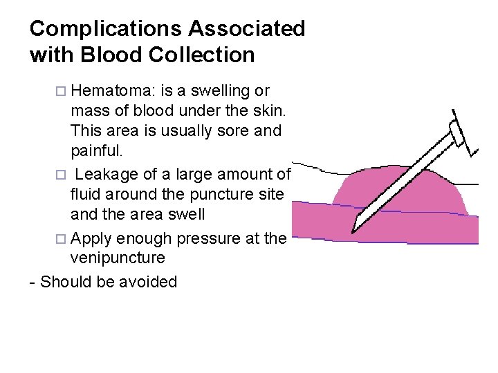 Complications Associated with Blood Collection ¨ Hematoma: is a swelling or mass of blood
