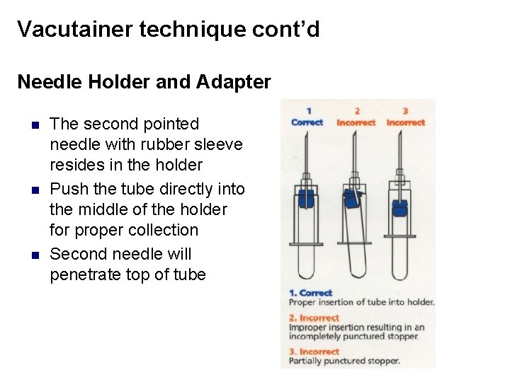Vacutainer technique cont’d Needle Holder and Adapter n n n The second pointed needle