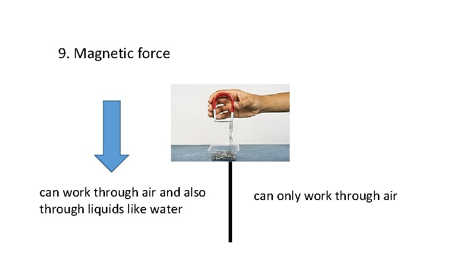 9. Magnetic force can work through air and also through liquids like water can