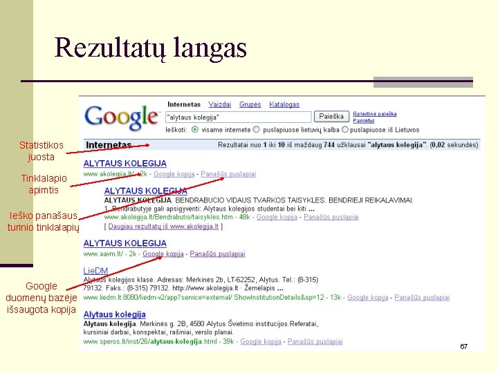 Rezultatų langas Statistikos juosta Tinklalapio apimtis Ieško panašaus turinio tinklalapių Google duomenų bazėje išsaugota