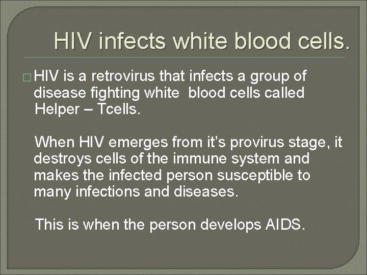 HIV infects white blood cells. � HIV is a retrovirus that infects a group