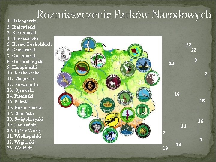 Rozmieszczenie Parków Narodowych 1. Babiogórski 2. Białowieski 3. Biebrzański 4. Bieszczadzki 5. Borów Tucholskich