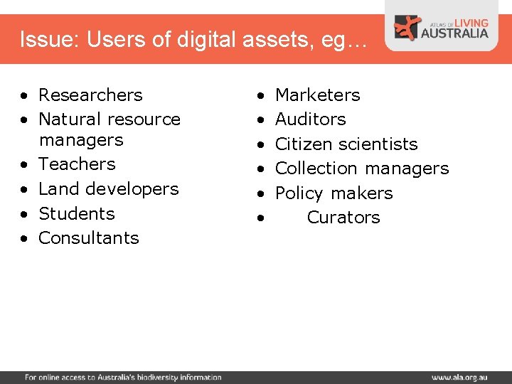 Issue: Users of digital assets, eg… • Researchers • Natural resource managers • Teachers