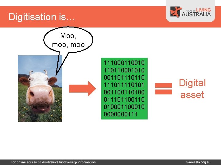 Digitisation is… Moo, moo 111000110010 110110001010 00110110 1110101 00110100 01110110 0100010 0000000111 Digital asset