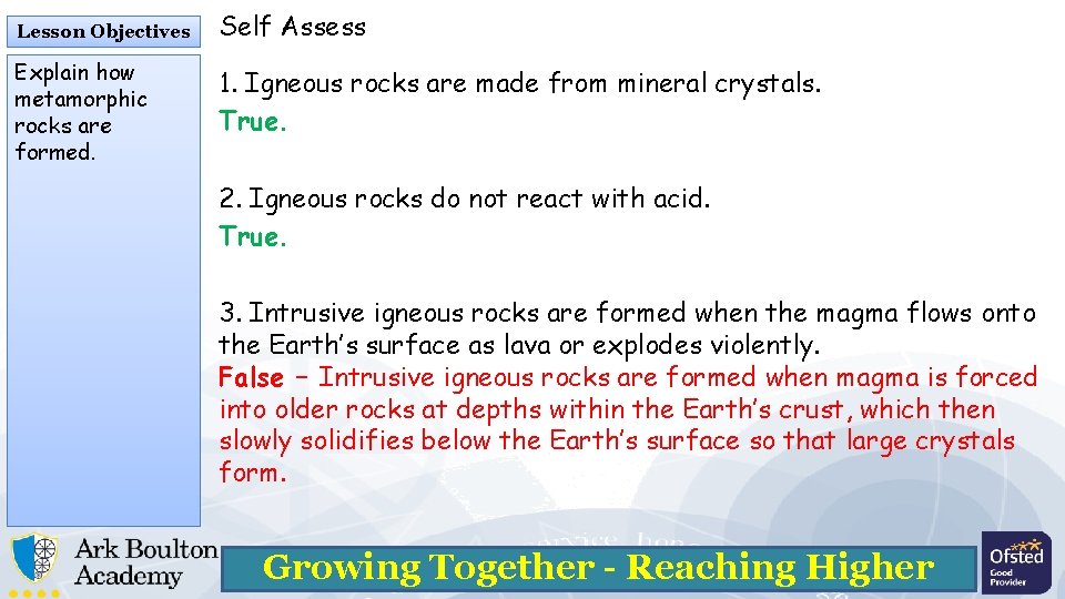 Lesson Objectives Explain how metamorphic rocks are formed. Self Assess 1. Igneous rocks are