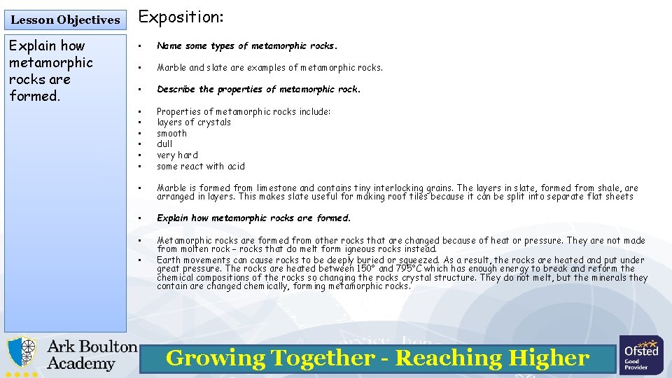 Lesson Objectives Explain how metamorphic rocks are formed. Exposition: • Name some types of