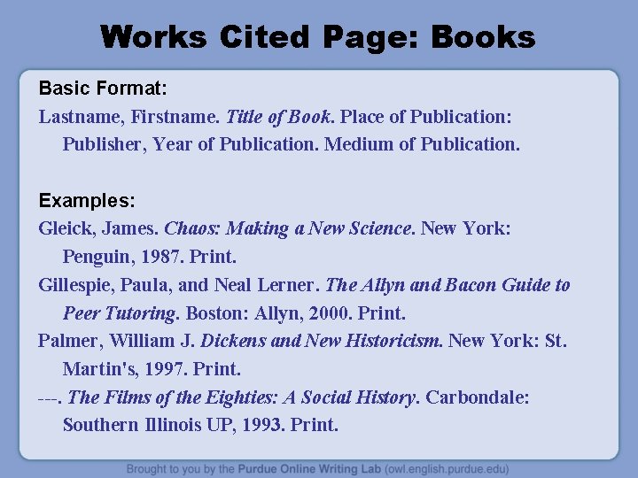 Works Cited Page: Books Basic Format: Lastname, Firstname. Title of Book. Place of Publication: