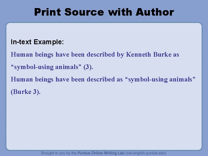 Print Source with Author In-text Example: Human beings have been described by Kenneth Burke