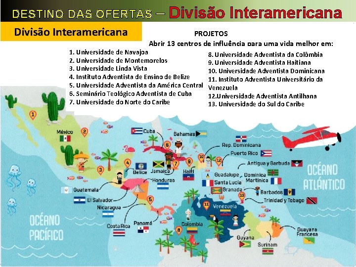DESTINO DAS OFERTAS – Divisão Interamericana PROJETOS Abrir 13 centros de influência para uma