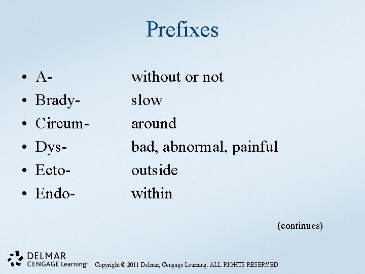 Prefixes • • • ABrady. Circum. Dys. Ecto. Endo- without or not slow around