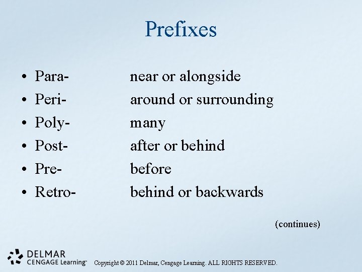 Prefixes • • • Para. Peri. Poly. Post. Pre. Retro- near or alongside around