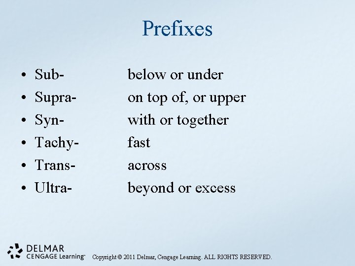 Prefixes • • • Sub. Supra. Syn. Tachy. Trans. Ultra- below or under on