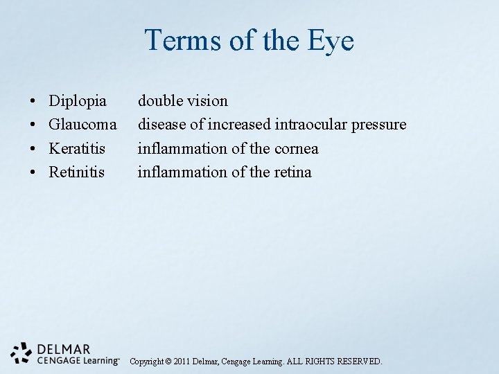 Terms of the Eye • • Diplopia Glaucoma Keratitis Retinitis double vision disease of