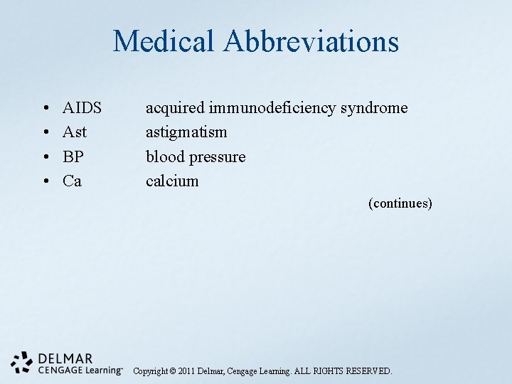 Medical Abbreviations • • AIDS Ast BP Ca acquired immunodeficiency syndrome astigmatism blood pressure