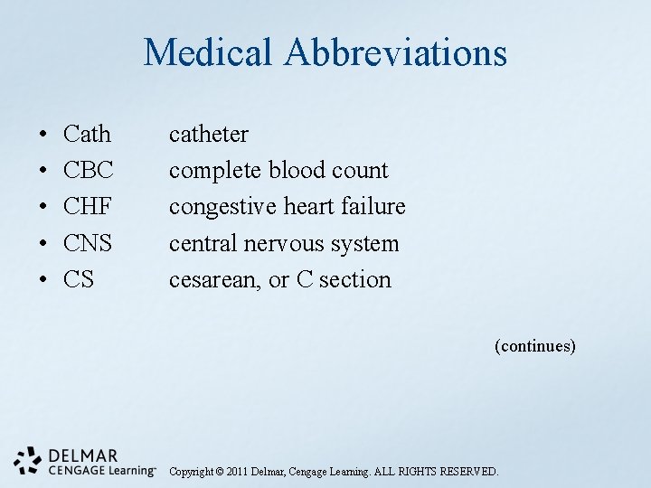 Medical Abbreviations • • • Cath CBC CHF CNS CS catheter complete blood count