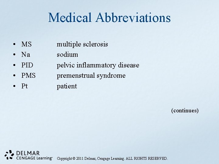 Medical Abbreviations • • • MS Na PID PMS Pt multiple sclerosis sodium pelvic