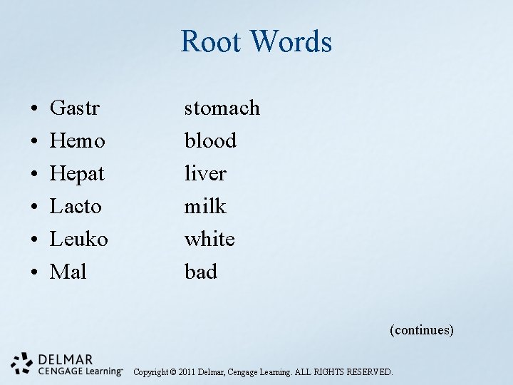 Root Words • • • Gastr Hemo Hepat Lacto Leuko Mal stomach blood liver