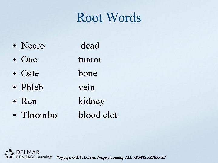 Root Words • • • Necro Onc Oste Phleb Ren Thrombo dead tumor bone