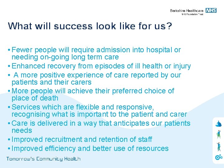 What will success look like for us? • Fewer people will require admission into