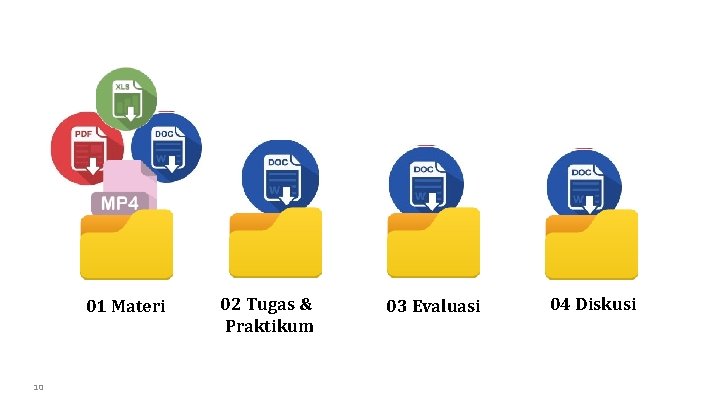 01 Materi 10 02 Tugas & Praktikum 03 Evaluasi 04 Diskusi 