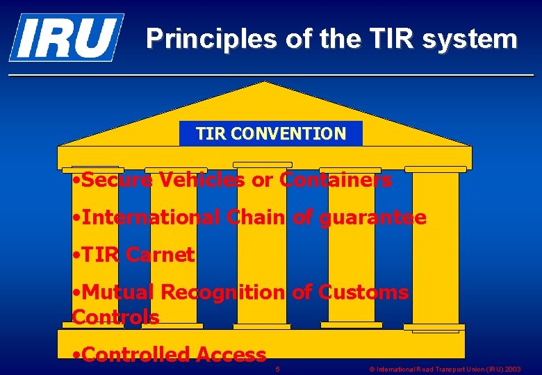 Principles of the TIR system TIR CONVENTION • Secure Vehicles or Containers • International