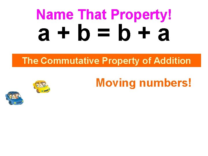 Name That Property! a+b=b+a The Commutative Property of Addition Moving numbers! 