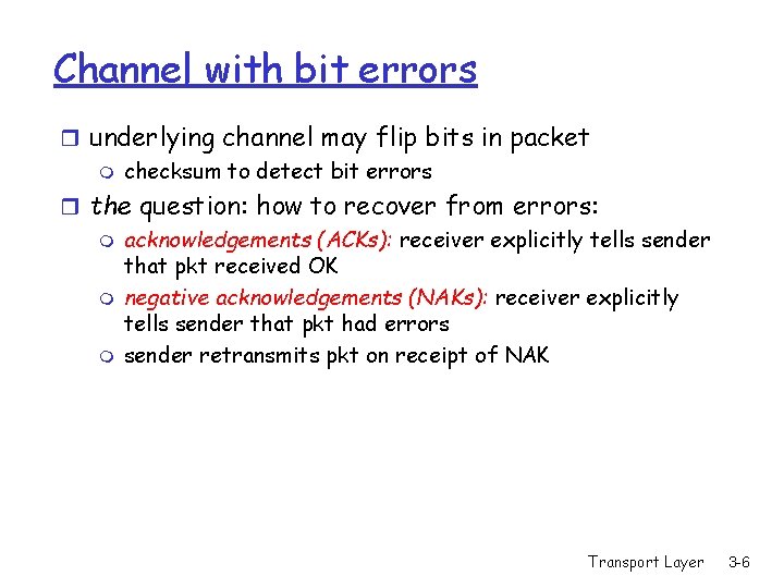 Channel with bit errors r underlying channel may flip bits in packet m checksum