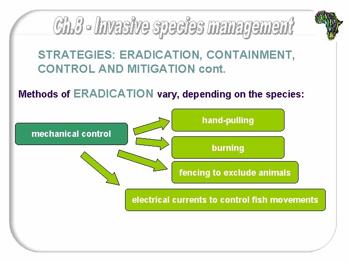 STRATEGIES: ERADICATION, CONTAINMENT, CONTROL AND MITIGATION cont. Methods of ERADICATION vary, depending on the
