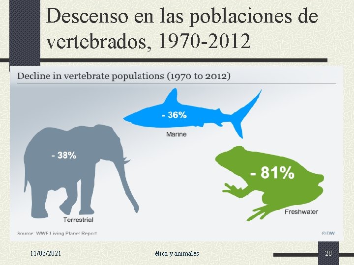 Descenso en las poblaciones de vertebrados, 1970 -2012 11/06/2021 ética y animales 20 