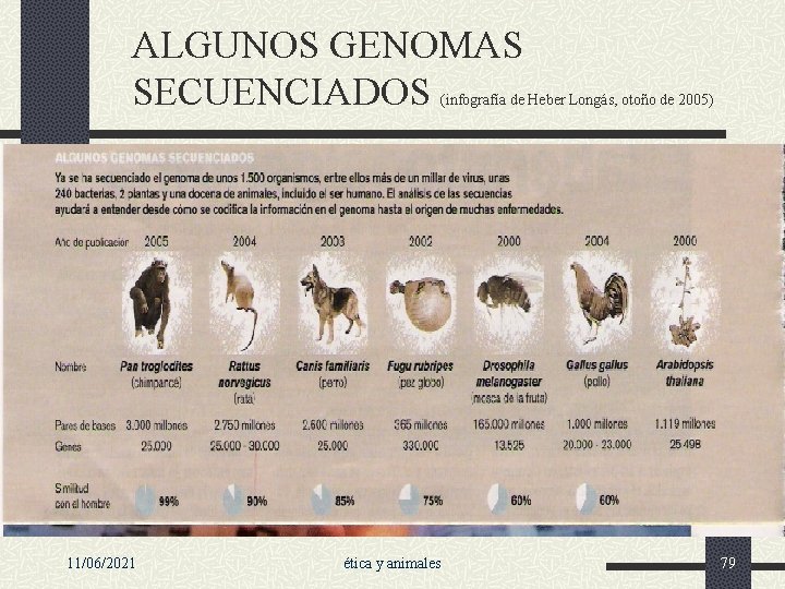 ALGUNOS GENOMAS SECUENCIADOS (infografía de Heber Longás, otoño de 2005) 11/06/2021 ética y animales