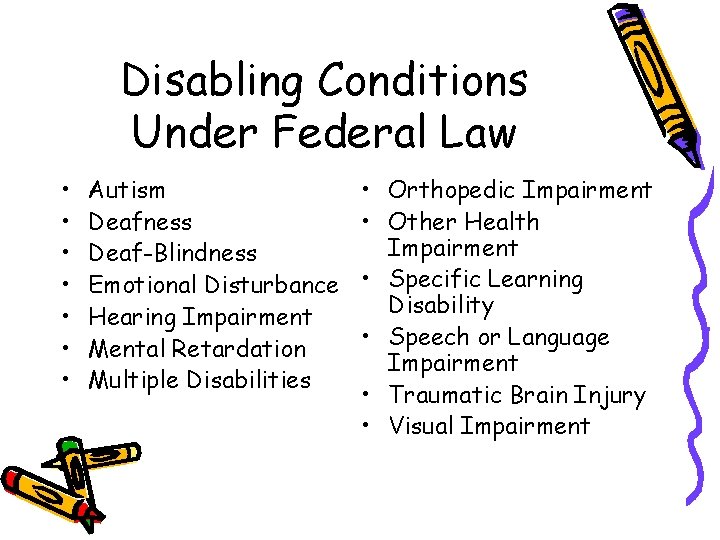 Disabling Conditions Under Federal Law • • Autism Deafness Deaf-Blindness Emotional Disturbance Hearing Impairment