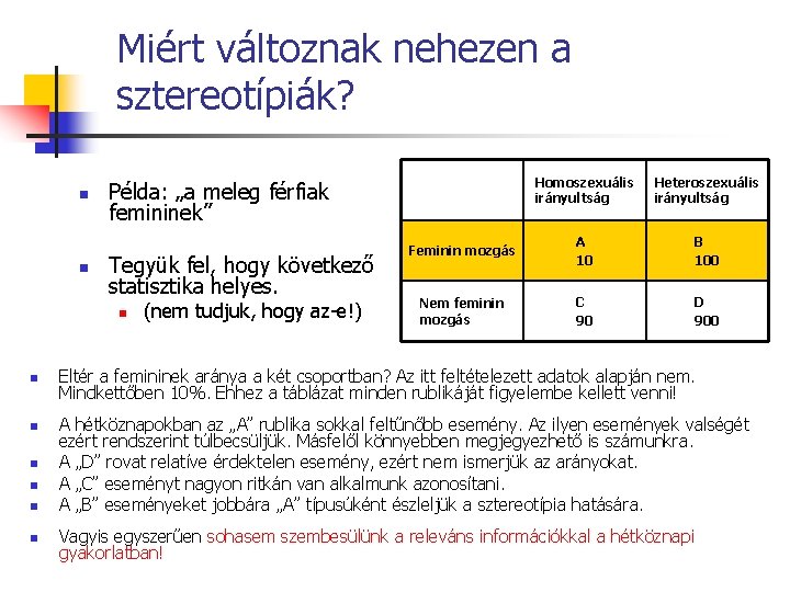 Miért változnak nehezen a sztereotípiák? n n Tegyük fel, hogy következő statisztika helyes. n