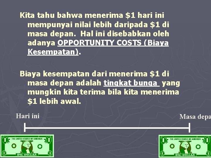 Kita tahu bahwa menerima $1 hari ini mempunyai nilai lebih daripada $1 di masa