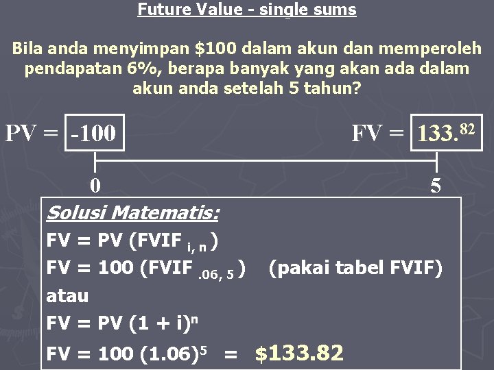 Future Value - single sums Bila anda menyimpan $100 dalam akun dan memperoleh pendapatan
