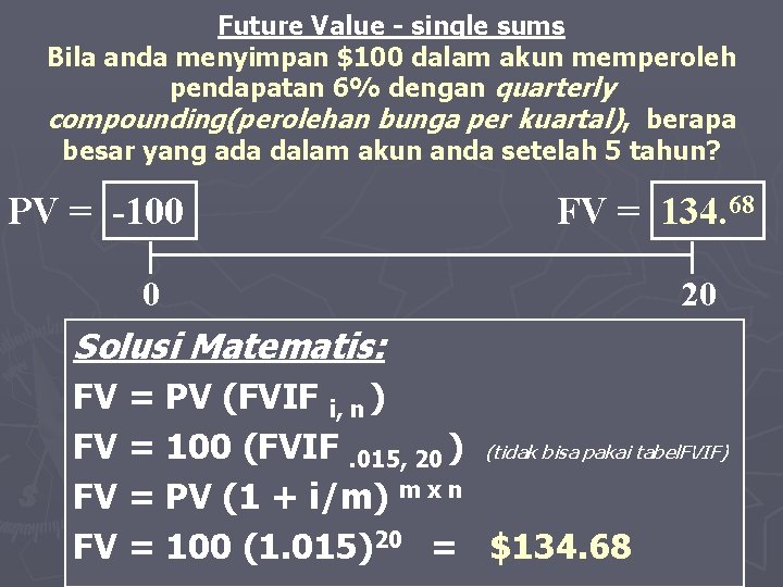 Future Value - single sums Bila anda menyimpan $100 dalam akun memperoleh pendapatan 6%