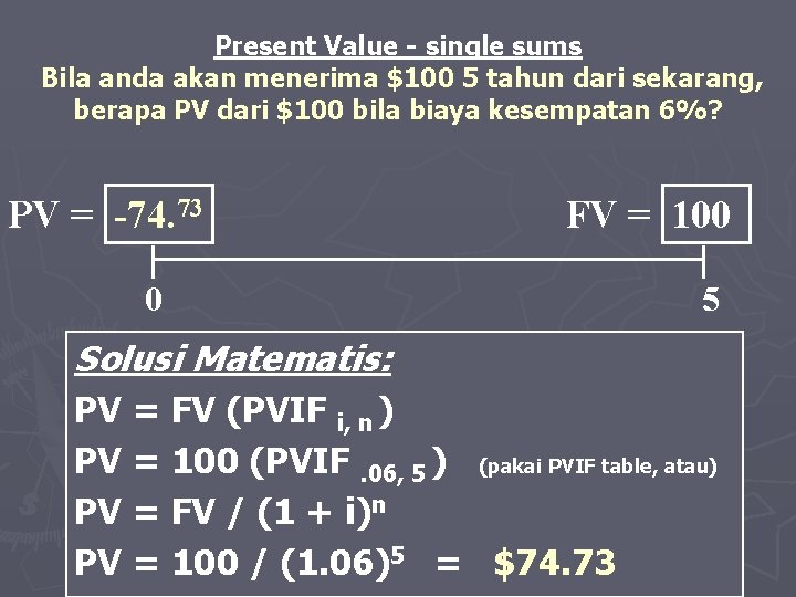 Present Value - single sums Bila anda akan menerima $100 5 tahun dari sekarang,