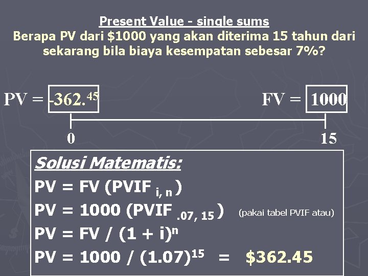Present Value - single sums Berapa PV dari $1000 yang akan diterima 15 tahun