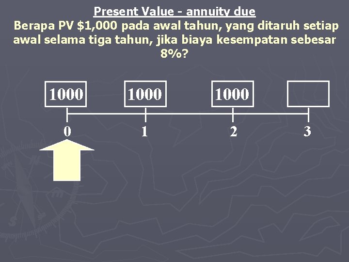 Present Value - annuity due Berapa PV $1, 000 pada awal tahun, yang ditaruh