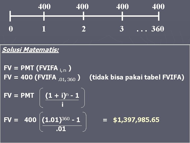 0 400 400 1 2 3 400. . . 360 Solusi Matematis: FV =