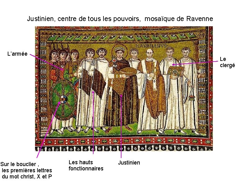 Justinien, centre de tous les pouvoirs, mosaïque de Ravenne L’armée Sur le bouclier ,